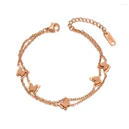 Link Bracelets Bohemia Titanium Stainless Steel Butterfly Charm Bracelet For Women Double Layer CZ Crystal Beach Jewelry B20084