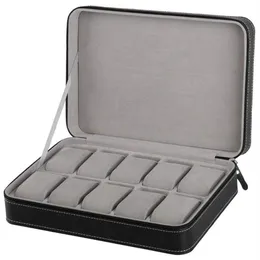 Portable Watch Box Organizer PU deri tabut, fermuarlı klasik stil 10 ızgaralar çok fonksiyonlu bilezik ekran Case3039