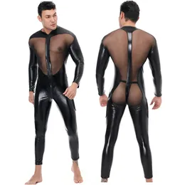 Catsuit Costumes Patent Leather Mens Sexy Long Sleeves Zipper Open Crotch Catsuit Zentai Jumpsuit Hollow Out Mesh Splice Full Bodysuit