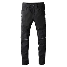 Herrenjeans Sokotoo Herren schwarze Reißverschlüsse plissierte PU-Leder-Patch-Bikerjeans Mode Streetwear Slim Skinny Stretch Denim-Hosen T221102
