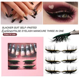 Lazy False Eyelashes And Press On Nails Set Reusable Fluffy Mink Full Strip Lashes With Glitter Eyeliner Stickers Nails Kit Makeup