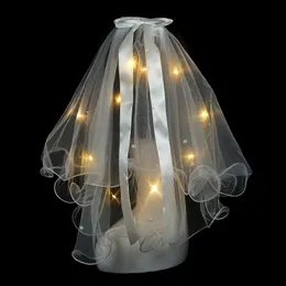 Velo da sposa corto in tulle con luci a LED String Bowknot Nastro Velo a doppio strato per la fotografia della festa della sposa