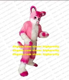 Pembe Uzun Kürk Kürklü Husky Köpek Maskot Kostümü Fox Wolf Fursuit Yetişkin Karikatür Karakter Karikatür Giyim