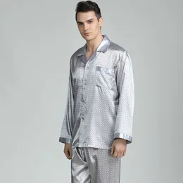 남성용 몽유병 캐주얼 한 잉글 린이 잠옷 세트 2pcs 셔츠 셔츠 바지 새틴 가짜 실크 나이트웨어 프린트 파이 자마 소프트 PJS 세트 친밀한 란제리 T221114