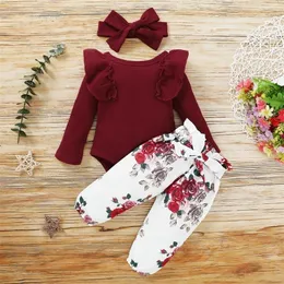 Наборы одежды 3pcs Baby Girl Setfee Set Born Girls Girls Одежда Ruffle Flower Print с длинным рукавом боди боди -коричневый брюш