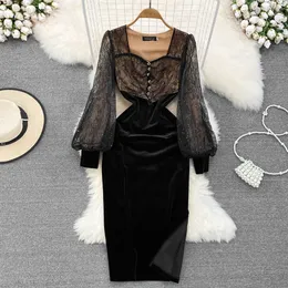 High Sense Celebrity Temperament Hip Wrap Dress Square Neck Slim Lantern Sleeve Sequin Lace Sparcing Gold Velvet Dress