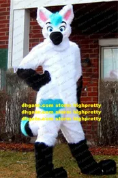 Witte lange vacht harige husky hond mascotte kostuum vos wolf fursuit volwassen cartoon reclame drive trekken populariteit zz7676