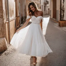 Polka Dot Wedding Dress Tea Length Bridal Gown, Off Shoulder