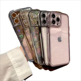 Diamond Bling Soft Love Heart Cases Galwalowe laser TPU Ochrona kamery Odporowy przez wstrząsy Przezroczyste Clear dla iPhone'a 14 13 12 11 Pro Max Mini XR XS x 8 7 Plus