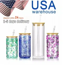 US Warehouse Double Walled Glass Tumblers 16oz 20oz Straight Pre-drilled Snow Globe Mugs for Sublimation and Glitter Cups B1103