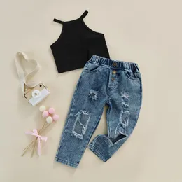 Kl￤der s￤tter 2st flickor Summer Outfits Kids Off-Shoulder ￤rml￶sa tank tops rippade jeans med fickor 18 m￥nader till 6 ￥r