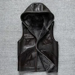 Men's Vests Winter Hooded Shearling Vest Wool Men Thick Sleeveless Real Sheepskin Genuine Leather Jacket Warm Lamb Fur Waistcoat 5XL