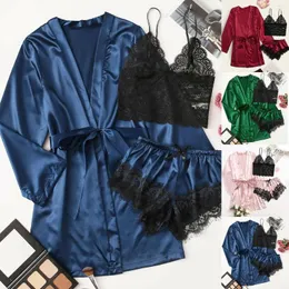 Women's Sleepwear 3pc Silk Robe Sleep Suit Womens Lace Satin Pajamas Gown Set V-neck Cami Nighties Wear Pijama Home Nightwear Spring