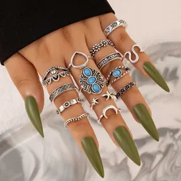 Neues geschnitztes türkisfarbenes Ringset mit geometrischer Mondblume, 14-teiliges Ringset