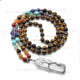 Natural Stone Beaded 7 Chakra Necklace Quartz Hexagonal Prism Tree of Life Crystal Pendant Necklaces for Women Fashion Jewelry