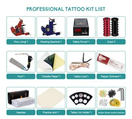 Professional Tattoo Kit 2 Machine Gun 20 Color Inks Power Supply Complete Kits Guns4290616