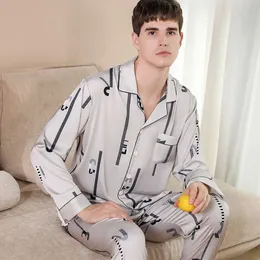 Men's Sleepwear Trendyol Print Silk Pajamas Men's Pijama Sets Spring Summer Thin Satin Long Sleeve Sleep Tops Elastic Waist Soft Pajama for Men T221103