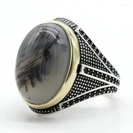 Pierścienie klastra Pierścień męskich z dużym naturalnym agatem 925 Srebrny srebrny vintage aqeeq męski turecki biżuteria Prezent urodzinowy
