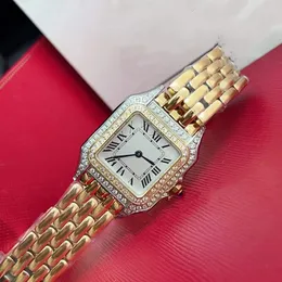 Vintage pełna diamentowa ramka Panthere Wristwatch Kobiety geometryczne kwadratowe zegarki kwadratowe kwarcowe zegarek ze stali nierdzewnej Watch Kobiet Panther Clock 27 mm