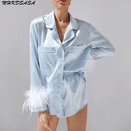 Women's Sleepwear Pajamas For Women 2 Piece Set Feathers Long Sleeve Turn Down Collar Autumn Casual Night Suits With Shorts Satin 221102