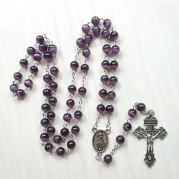 Pendant Necklaces Diyalo Purple Opal Natural Stone Beads Chain Prayer Chaplet Crucifix Cross Rosary Necklace Religious Church Jewelry Gift