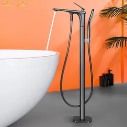 Bathroom Sink Faucets Matte Gray Floor Stand Basin Faucet Gunmetal Bathtub Tap Shower Mixer Brass