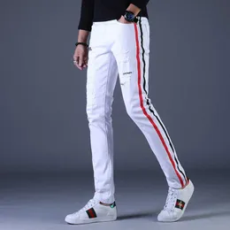 Jeans da uomo # 1318 White Pencil Slim Side Striped Skinny Streetwear strappato per vestibilità regolare Biker Man stampato T221102