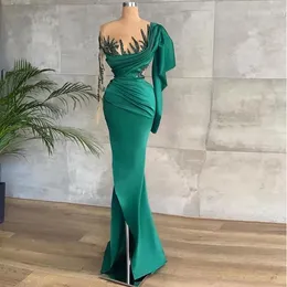 Hunter Green Mermaid Prom Dresses Sequined P￤rlade l￥nga ￤rmar Sheer O Neck Side Split Stain veck K￤ndisens kv￤llskl￤nning