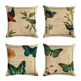 Travesseiro de travesseiro vintage Butterfly Bird Flower Flower Linen Tampa de arremesso de algodão 45x45cm Sofá em casa travesseiro decorativo