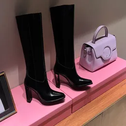 Kn￤rl￤ngd st￶vlar fyrkantiga klackar mode tall boot f'end'ace mandel t￥ ￤kta l￤derh￶g klackst￶vlar lyxdesigners kvinnor skor fabrikskor skor
