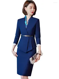 Vestido de dos piezas elegante azul de oficina damas blazer y falda traje de mujeres