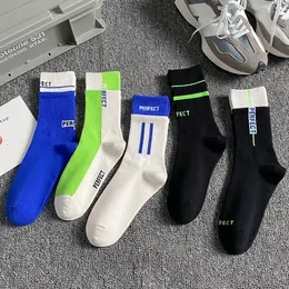 Men's Socks Blue Men Sport Fashion Letter Stripe Street Hip Hop Skateboard Cotton Breathable Harajuku Calcetines