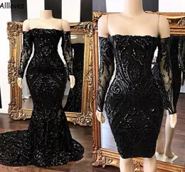 Plus Size Black Lace Mermaid Evening Dresses Sexy Off The Shoulder Long Sleeves Formal Prom Party Gowns Arabic Aso Ebi Second Reception Ceremony Dress Formal AL6071