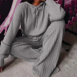 Kadınların Pijama Sonbahar Kış Örme Pijama Seti Kapşonlu Pantolon Ev Takım Uzun Kollu Gevşek Salon Giyecekler 221103