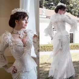 Vintage Victorian Lace Mermaid Wedding Dress Long Sleeve Ruffle Gothic Wedding Gowns V-Neck Elegant Corset Retro Ivory Bridal Dresses Black Color Custom Made wly935