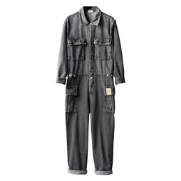 Herr jeans män långa ärm multi fickor last denim jumpsuits casual working coveralls overall jeans set grå blå t221102