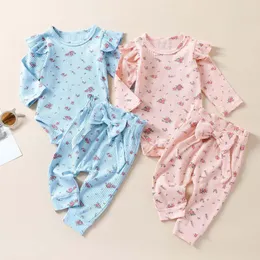 Roupas Conjuntos de roupas FocusNorm 0-24M Autumn meninas 2pcs Roupas 2 cores Flores impressas malha de manga comprida calça laço