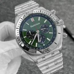 B01 Mens Watch Chronograph VK kuvars hareket çelik bilezik ışıltı yeşil kadran siyah tarih Gents Sport Saatler