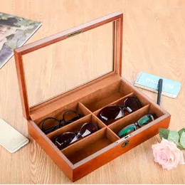 Bolsas de jóias Caixa de óculos de madeira com óculos de sol Lock Myopia Storage Organize Display Box Collection