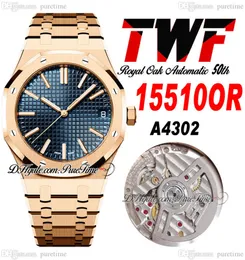 TWF 41mm 1551 A4302 Automatic Mens Watch 50th Anniversary Rose Gold Blue Textured Dial Stick Markers Stainless Steel Bracelet Watches Super Edition Puretime F6