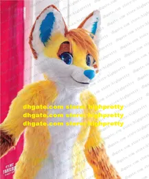 Oro Long Fur Husky Dog Mascot Costume Wolf Fox Furry Furry Adult Cartoon Personazione Apprezzamento Banchet Tema Parco ZZ9523