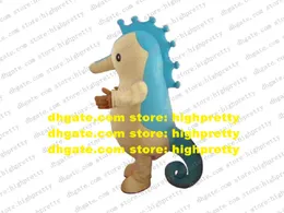Cute Blue Sea Horse Mascot Costume Mascotte Hippocampus With Brown Hands Long Bent Tail Party Dräkt Vuxen No.2572