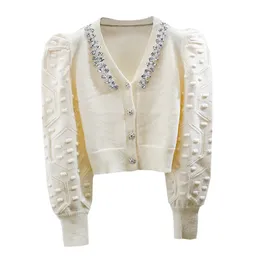 Women's v-neck rhinestone patched jacquard weave puff long sleeve knitted short sweater cardigan