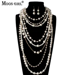 Anhänger Halsketten MOON GIRL Mehrschichtige simulierte Perlenkette Lange trendige Statement-Halsband für Frauen Modeschmuck 221103