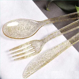 Disposable Dinnerware Disposable Dinnerware Plastic Gold Glittering Dessert Cake Knife Dinner Fork Spoon Set Wedding Birthday Christ Dhfms