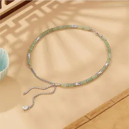 Charking estilo chinês de moda titânio aço natureza jade colar de corrente de bambu com tástels de zircão Presente de joias para mamãe