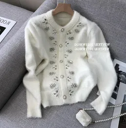 Women's warm mohair wool sweater o-neck single breasted embroidery lace floral rhinestone shinny bling cardigan coat SMLXL