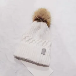 Gorro gorro de malha de malha LU01 com gorro gorro gorro feminino de inverno com pompons de pele de guaxinim real, boné quente para menina, chapéus de bola