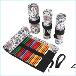 Pencil Bags Pencil Bags Cute Cat 12/24/36/48/72 Hole Canvas Roll Pen Curtain Bag Case Makeup Wrap1 Drop Delivery 2022 Office School Dhiwb