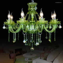 Candeliers lustre de teto de cristal verde para decoração de sala de estar em casa pendurado luz e14 retro restaurante café lâmpadas pendentes de vela